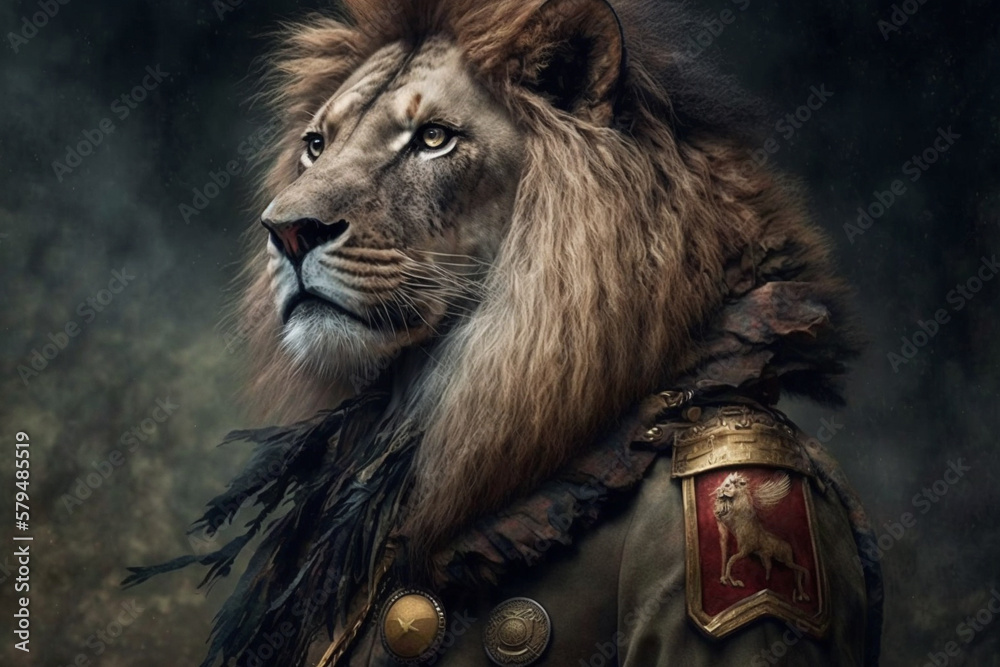 Lion Dressed in Military Uniform Animal Portrait Dressed 