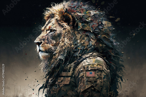 Fotografia Lion dressed in military uniform as a general or soldier