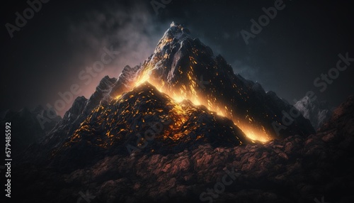 Vászonkép a very tall mountain with a lot of fire coming out of it's sides and a sky background that is black and dark with a few clouds