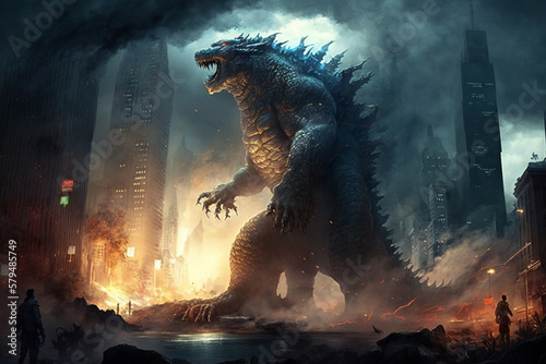 Godzilla monster classic character attacking or destroying a city. Ai generated