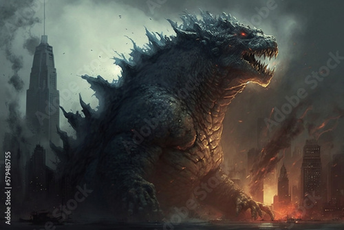 Godzilla monster classic character attacking or destroying a city. Ai generated © dragomirescu