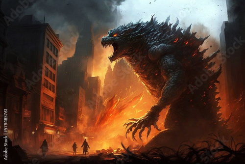 Godzilla monster classic character attacking or destroying a city. Ai generated