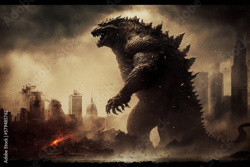 Godzilla monster classic character attacking or destroying a city. Ai generated photo