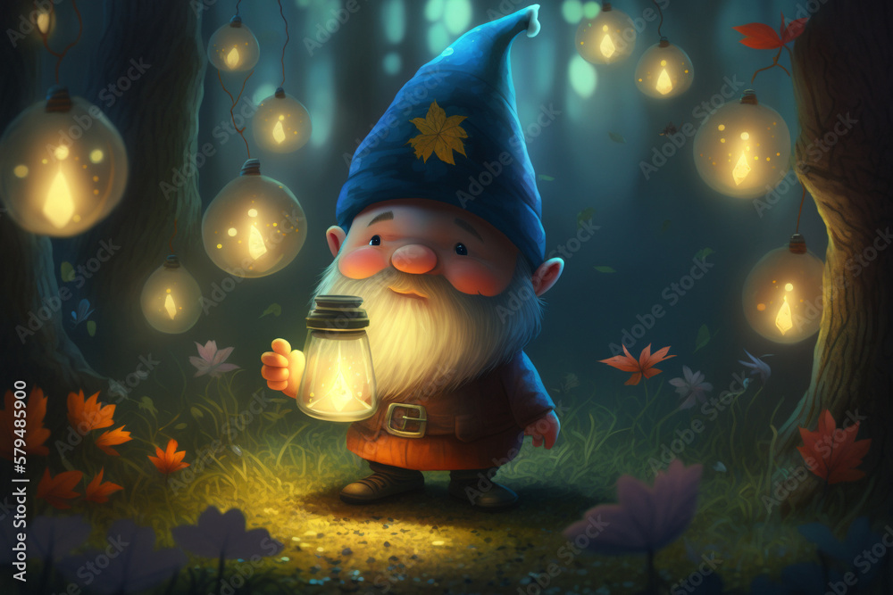 Character cute forest dwarf gnome or elf character walking at night ...