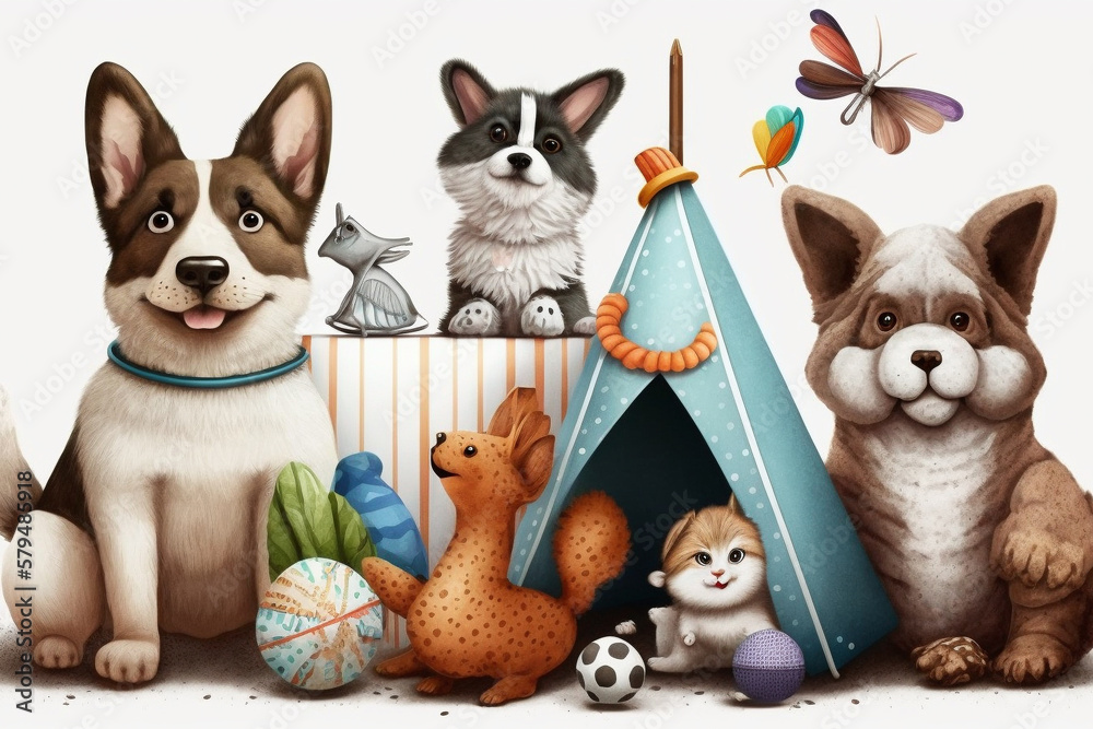 Portrait de différents animaux de compagnie, chiens et lapin - Générative IA