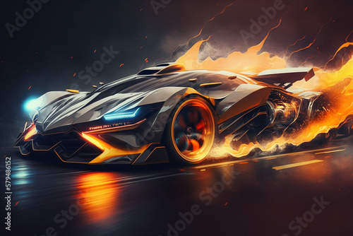 Super fast car automobile concept design with fire. Luxury speed race car automotive concept with flames. Ai generated © dragomirescu