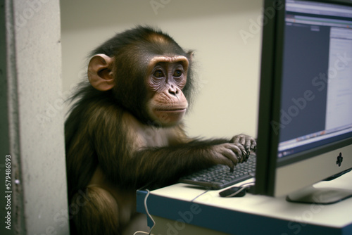 Monkey at a computer or laptop working in an office funny concept. Ai generated © dragomirescu