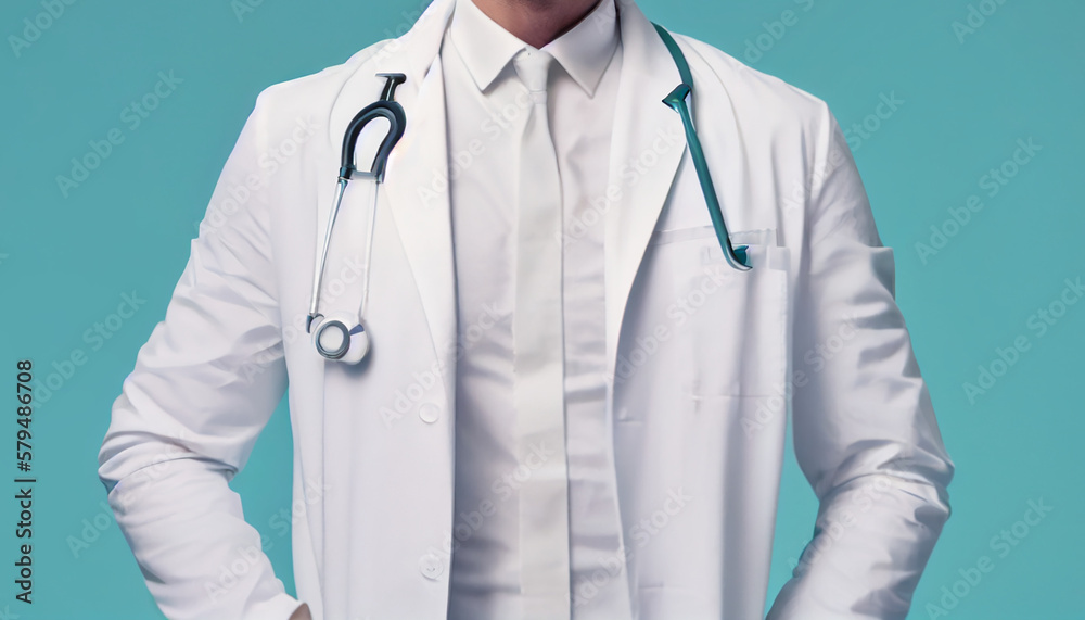 Doctor in a white uniform with stethoscope standing with crossed arms on blue background, Generative AI Doctor in a white uniform with stethoscope standing with crossed arms on blue background, Generative AI