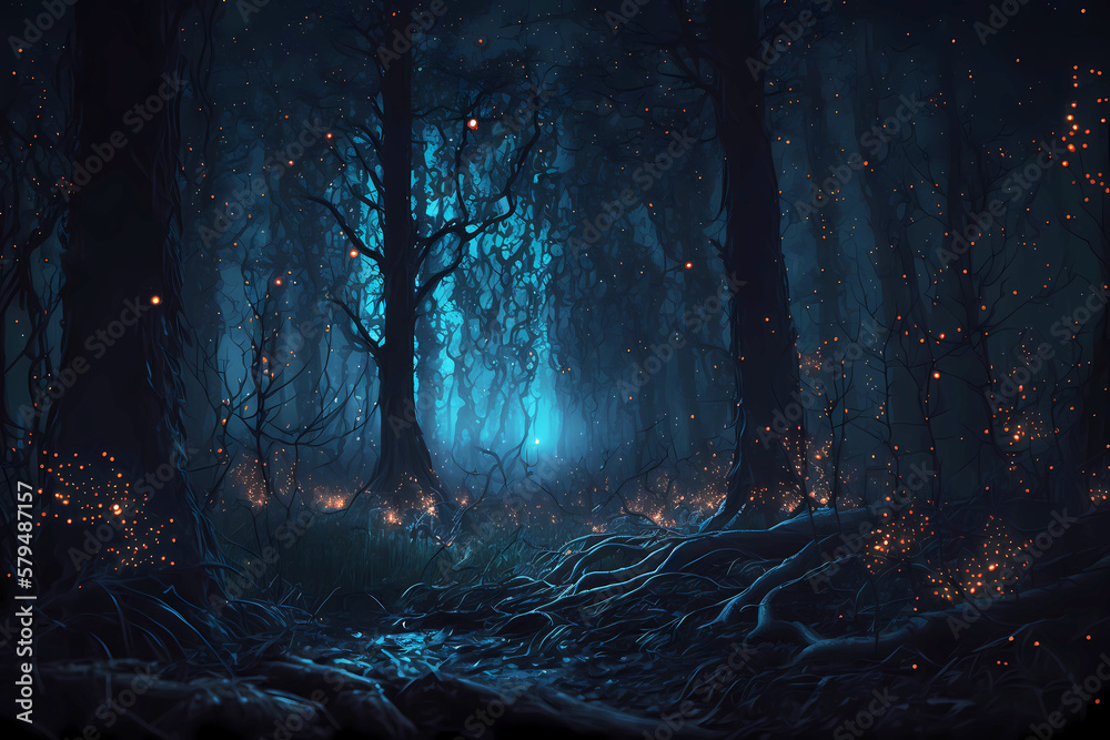 Fireflies flying in the forest at night, scary scene	
