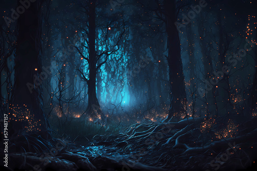 Fireflies flying in the forest at night  scary scene  