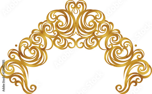 Golden baroque frame with floral vintage decoration, border for design template. Gold element in Rococo style, tracery.