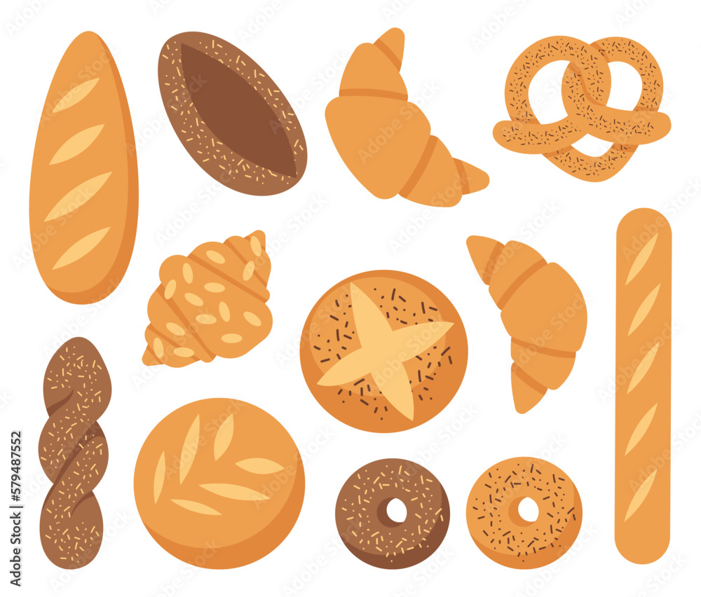 Bread icons set. Vector bakery pastry products rye, wheat and whole