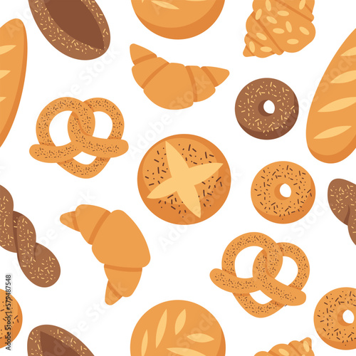 Bread seamless pattern. Vector bakery pastry products - rye, wheat and whole grain bread, french baguette, croissant, bagel, roll, donut, bun, loaf wicker bun flat illustration isolated on background