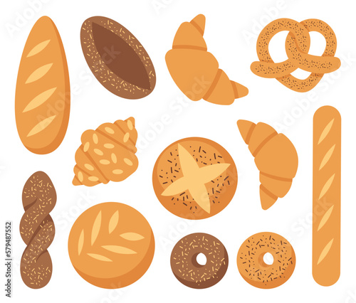 Bread icons set. Vector bakery pastry products - rye, wheat and whole grain bread, french baguette, croissant, bagel, roll, donut, bun, loaf wicker bun flat illustration isolated on white background