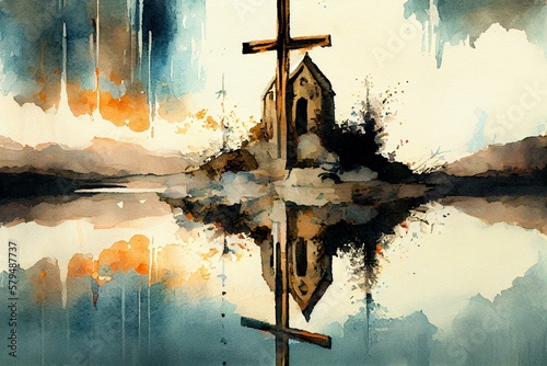 Wallpaper Mural Religious Reflections, watercolor style. Generative AI