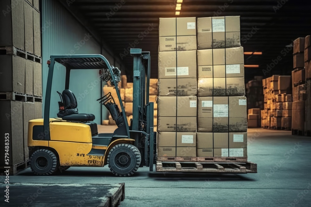 Forklift loads pallets and boxes in warehouse, AI generated.	