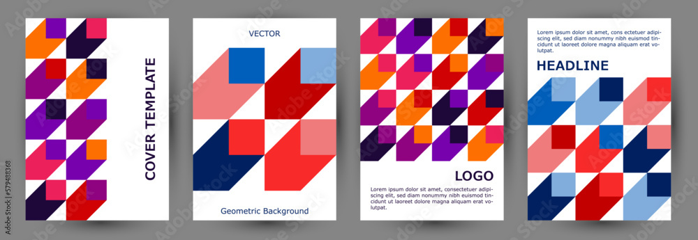 Annual report front page template collection geometric design. Swiss style vintage title page