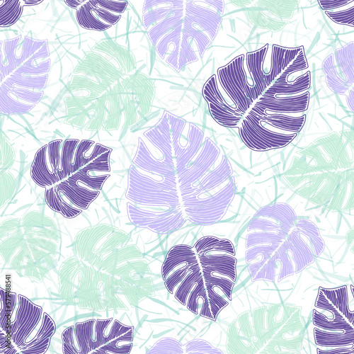 Monstera bush foliage botanical seamless ornament over noisy background.