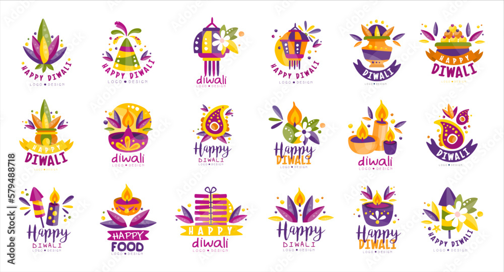 Happy Diwali logo design set. Indian festival hand drawn labels vector illustration