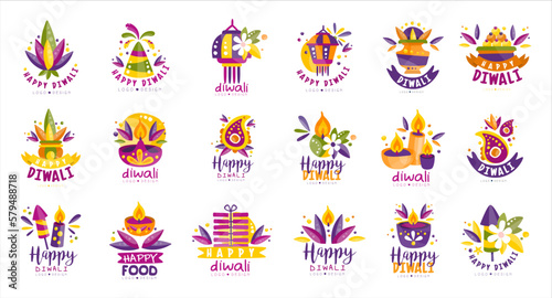 Happy Diwali logo design set. Indian festival hand drawn labels vector illustration