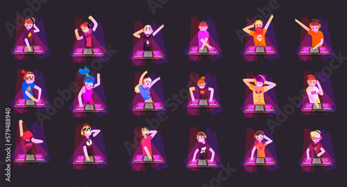 Set of DJs in headphones playing music on mixer. Dj playing progressive electro music at night club cartoon vector