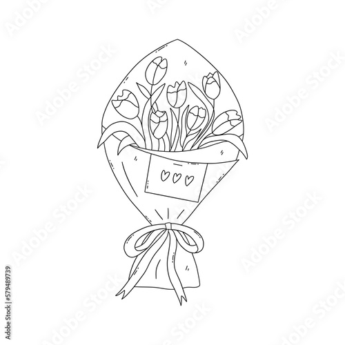 Bouquet of tulips in kraft packaging, tied with ribbon. Love note is pinned to paper. Black and white vector isolated illustration hand drawn doodle. Beautiful spring flowers, gift or compliment