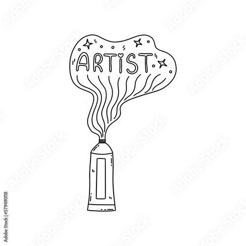 Tube squeezes out paint. Artist inscription with stars and lines. Black and white vector isolated illustration hand drawn with outline. Creative craft, icon or print contour doodle