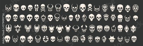 Skull Human Vector Shapes Set. Deaths head. Mortality symbols. Hellspawn. Satanic imagery. Horror icons. Occult. Demon. Dia de los Muertos. Rock and roll. Logo. Icon. Pictogram. Sugar skull. Tattoo