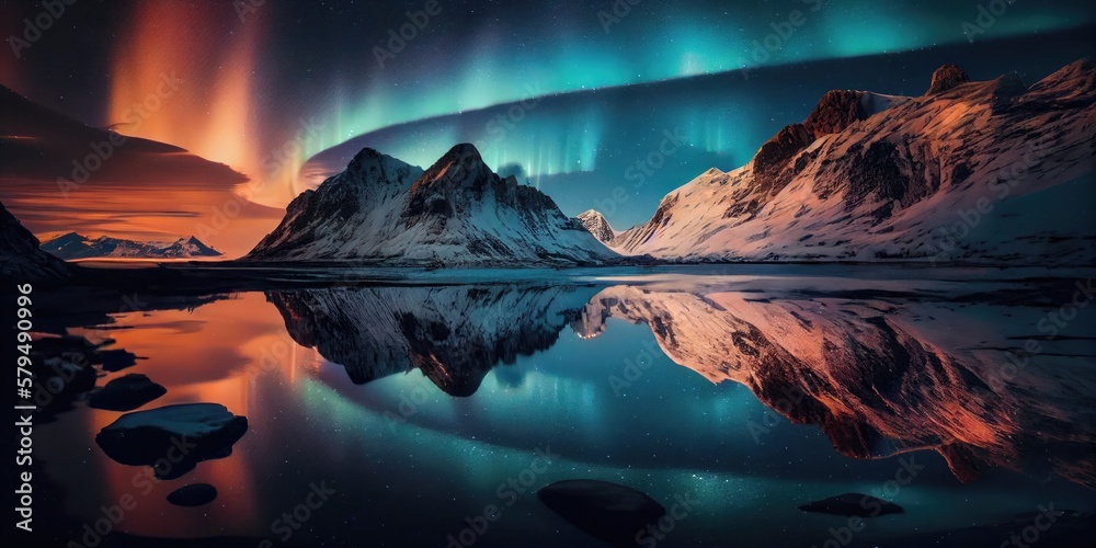 Majestic Aurora Borealis Overlooking Serene Mountain and Lake with warm sunset - Generative AI  - obrazy, fototapety, plakaty 