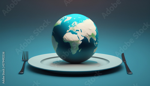 Globe on a plate for food on a blue background. Power  economy  politics  globalism  hunger  poverty and world food concept