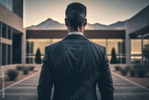 portrait of a businessman from the back against the backdrop of an office building. Generative AI