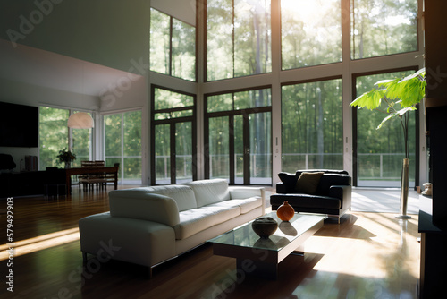 Interior of a modern eco-style living room in harmony with nature. Generative AI