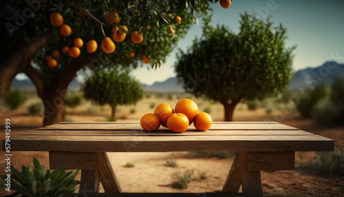 Wooden table and orange trees for product and merchandise display