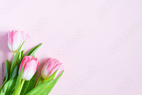 Fototapeta Naklejka Na Ścianę i Meble -  Bouquet of pink tulips on pink background. Greeting card for mother's day, women's day March 8, Valentine's day. Celebration of spring holidays. Flat lay from flowers, top view, copy space.