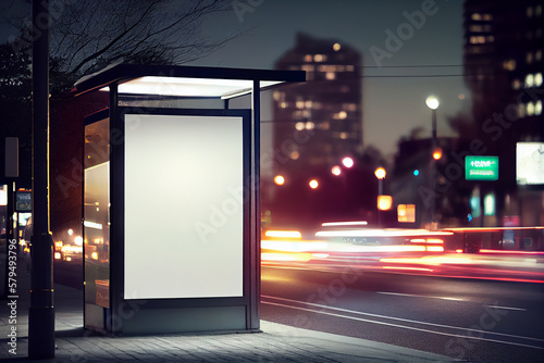 Blank advertising light box on pavement with blurry cars passing by. generative AI
