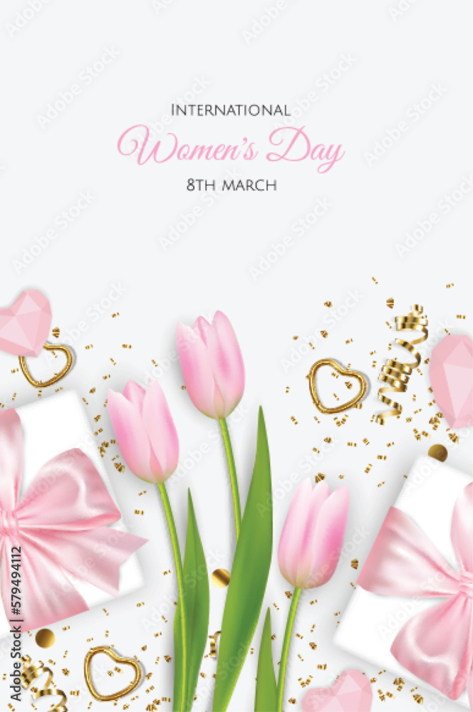 Happy Women's Day greeting card. Postcard for March 8. Pink Tulips with a gift