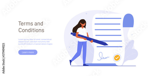 Contract illustration . Character gets acquainted with the legal document, electronic contract or agreement online. Person reads and signs the terms of the contract. Flat vector illustration.