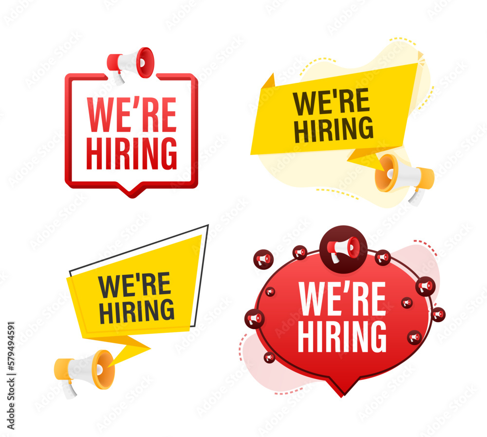 Megaphone label set with text We are hiring. Megaphone in hand promotion banner. Marketing and advertising Megaphone label set with text We are hiring. Megaphone in hand promotion banner. Marketing and advertising