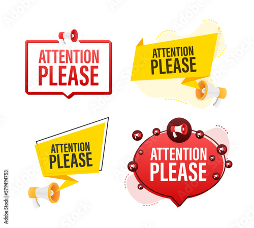 Megaphone label set with text attention please. Megaphone in hand promotion banner. Marketing and advertising