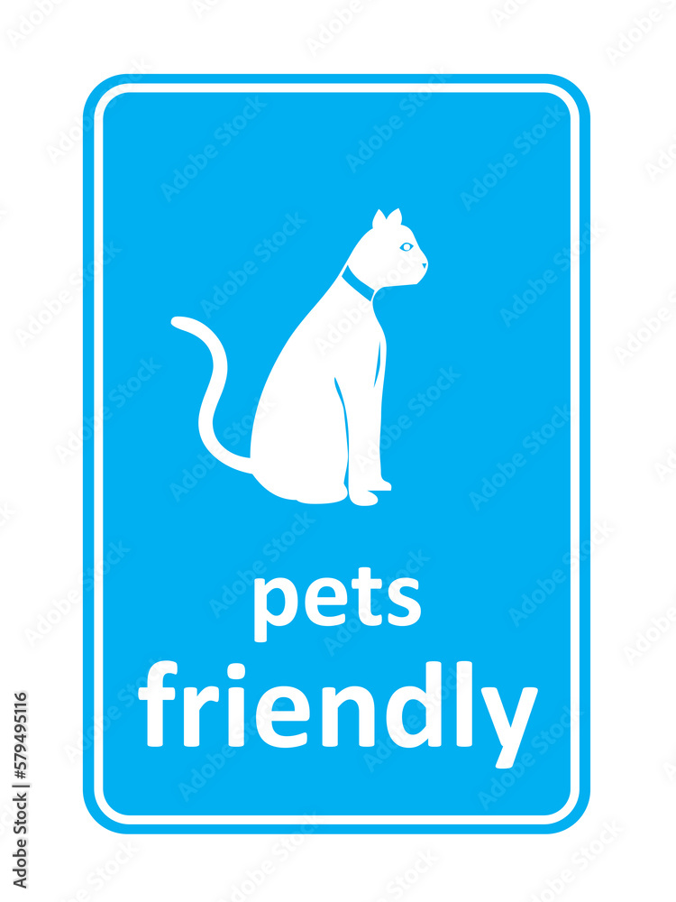 Illustration with a sign sticker of a cat and a note, pets friendly, at blue background with white border
