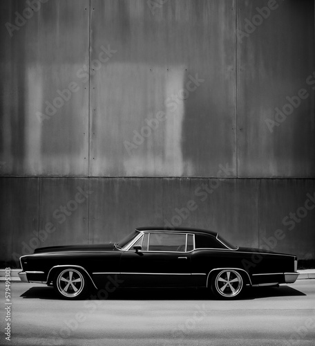Black retro vintage muscle car in the city next to concrete wall. Generative AI