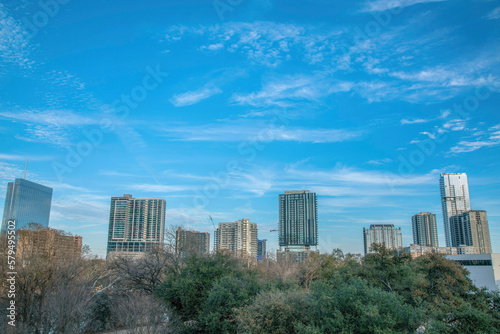 Austin, Texas- Views of trees at the front against the cityscape under the sky. There are trees at the front against the view of modern high-rise buildings at the back.