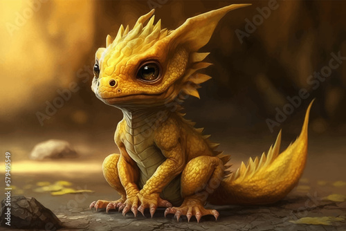 Cute yellow little baby dragon. Fantasy monster in the forest. 3d illustration. Image