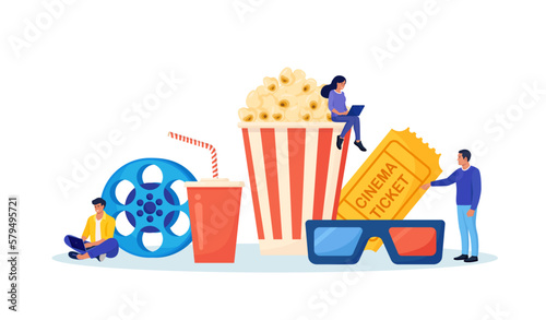 Online cinema art movie watching with popcorn bucket, 3d glasses, soda drinks and filmstrip, film reel. Cinematography concept. Film production. Movie premiere show announcement