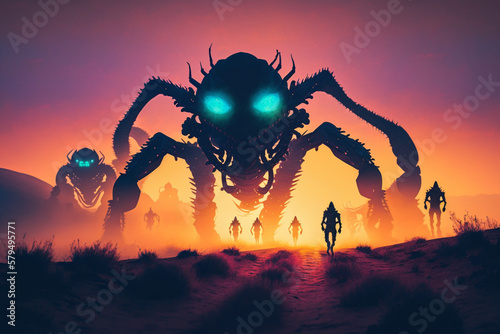 A post-apocalyptic world ruled by aliens. Futuristic fantasy. Horrible alien monsters invaded our planet. In the park, at colorful sunrise with fog. Alien invasion. Generative AI illustration