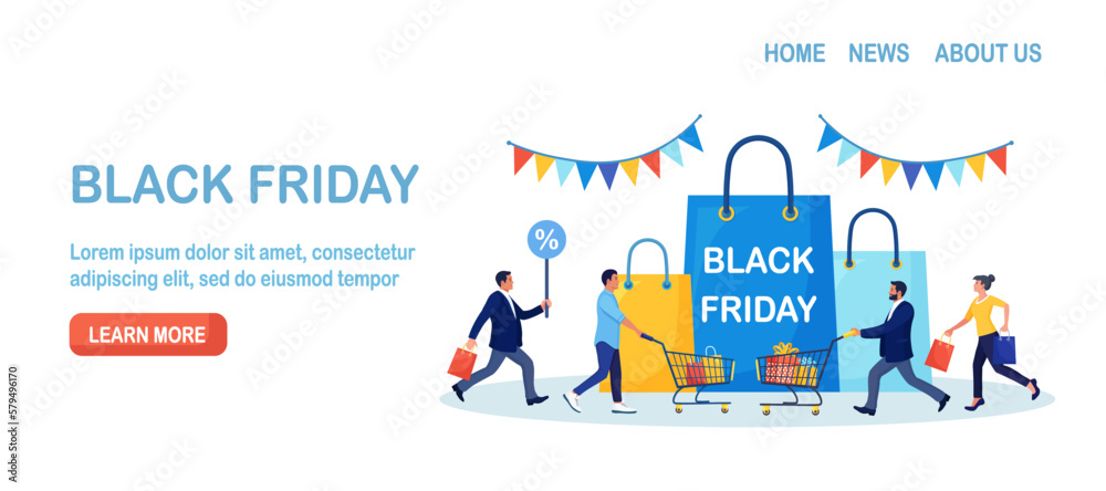 Black Friday Sale Event. People Buy on Big Discount Sales. Customers Running with Shopping Bags, Trolley, Cart with Gift Boxes and Big Packages on Background. E-commerce and Online Shopping