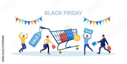 Black Friday Sale Event. People Buy on Big Discount Sales. Customers Running with Shopping Bags. Trolley, Cart with Gift Boxes, Packages, Tag on Background. E-commerce and Online Shopping