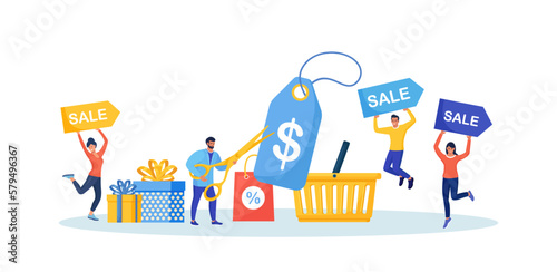 Black Friday Sale Event. People Buy on Discount Sales. Happy Customers with Gift Boxes, Shopping Bag. Ecommerce, Online Shopping. Man Cutting Price Tag with Scissors. Coupon, Voucher, store promotion