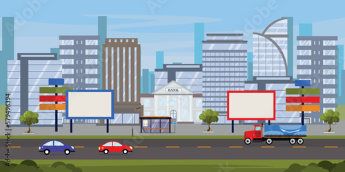 Vector illustration of a modern futuristic city with advertising banners, posters. Cartoon cityscape with residential and office buildings, billboards, stands, banks, bus stops, roads with cars.