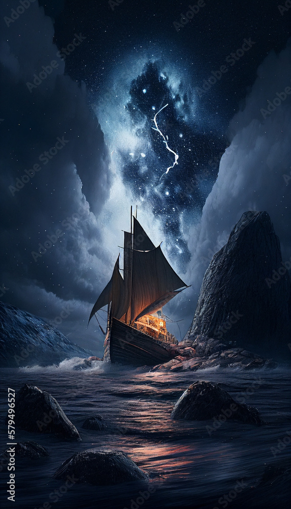 Fototapeta premium Capturing Realistic Landscapes: A Super Wide Photographic Painting Featuring Ominous Skies, Sailing and Wooden Boats, Lotus Flowers, and Huge Waves